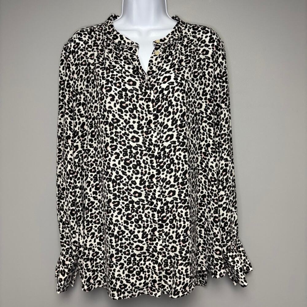 Loft‎ Leopard Print Collarless Long Sleeve Button Up Blouse Womens Sz XL